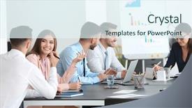  Presentation with managers - Slide deck featuring conference management system - team of young managers discussing background and a sky blue colored foreground