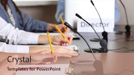  Presentation with microphones - Slide set featuring conference meeting with microphones background and a coral colored foreground