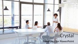  Presentation with special meeting notice - Colorful slides enhanced with conference room - businesswoman presenting to colleagues backdrop and a light blue colored foreground