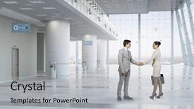  Presentation with partners - Presentation theme enhanced with conference room 3d rendering - business partners greeting each other background and a  colored foreground