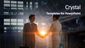  Presentation with partners - Audience pleasing PPT layouts consisting of conference room 3d rendering - business partners greeting each other backdrop and a  colored foreground