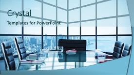  Presentation with building connections - PPT theme featuring conference room 3d rendering - composite image of boardroom background and a sky blue colored foreground