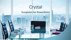  Presentation with building - Slide deck consisting of conference room 3d rendering - composite image of boardroom background and a sky blue colored foreground