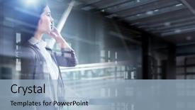  Presentation with interior - Slide set with conference room 3d rendering - elegant businesswoman in office interior background and a  colored foreground