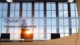  Presentation with media - PPT theme featuring conference room 3d rendering - facing new day mixed media background and a  colored foreground