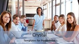  Presentation with black woman - Slide set enhanced with conference room seating - young black woman and seated background and a light blue colored foreground