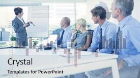  Presentation with data meeting - Cool new theme with conference room seating chart - business interface with graphs backdrop and a light blue colored foreground