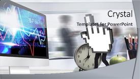  Presentation with shares - Slide set with conference room seating chart - cursor with legs against stocks background and a  colored foreground