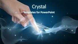  Presentation with abstract glowing teal shapes - PPT layouts enhanced with conference room seating chart - hand pointing on white background background and a navy blue colored foreground