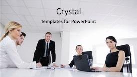  Presentation with community service happy volunteer group - Beautiful PPT theme featuring conference table - group of happy young business backdrop and a light gray colored foreground