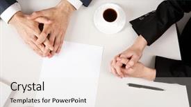  Presentation with two people holding hands - Slides enhanced with conference table - image of two business people background and a sky blue colored foreground