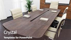  Presentation with conference table - Audience pleasing slide deck consisting of conference table with the screen backdrop and a tawny brown colored foreground