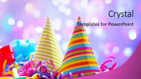  Presentation with birthday party - Audience pleasing presentation design consisting of confetti happy birthday - party hats and other stuff backdrop and a sky blue colored foreground