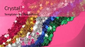  Presentation with 5 stars five star rating - Colorful PPT theme enhanced with confetti in shape of stars backdrop and a  colored foreground