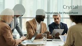  Presentation with data analyst - Presentation design having confident-analyst-with-tablet-explaining background and a sky blue colored foreground