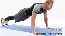  Presentation with exercise mat - Presentation consisting of confident attractive sportsman doing plank exercise on a fitness mat isolated over white background background and a light blue colored foreground