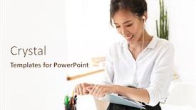  Presentation with binder - Cool new PPT theme with confident attractive young asian businesswoman standing at her office wearing earphones holding binder with charts backdrop and a cream colored foreground