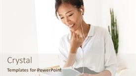  Presentation with binder - Slide set enhanced with confident attractive young asian businesswoman standing at her office wearing earphones holding binder with charts talking on earphones background and a lemonade colored foreground