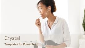  Presentation with binder - Presentation theme consisting of confident attractive young asian businesswoman standing at her office wearing earphones holding binder with charts talking on earphones background and a lemonade colored foreground