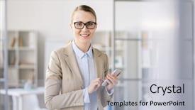  Presentation with answers business - Beautiful PPT theme featuring confident attractive young female business backdrop and a light gray colored foreground