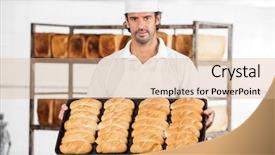  Presentation with baking - Theme with confident baker showing breads background and a coral colored foreground