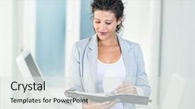  Presentation with forensic science document examination - Theme consisting of confident beautiful businesswoman holding document background and a light gray colored foreground