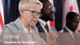  Presentation with eyeglasses - PPT theme featuring confident-blond-female-delegate background and a coral colored foreground