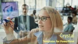  Presentation with audience - PPT theme with confident-blond-mature-businesswoman background and a violet colored foreground