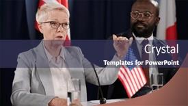  Presentation with audience - Presentation featuring confident-blond-mature-female-delegate background and a tawny brown colored foreground
