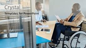  Presentation with report - PPT theme enhanced with confident-boss-listening-to-report background and a  colored foreground