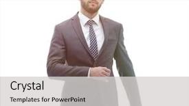  Presentation with forward - Presentation design with confident businessman goes forward photo background and a light gray colored foreground