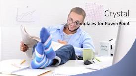  Presentation with socks - Presentation enhanced with confident businessman holding his legs in funny socks on desk background and a lemonade colored foreground