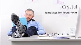  Presentation with socks - Beautiful presentation theme featuring confident businessman holding his legs in funny socks on desk backdrop and a sky blue colored foreground
