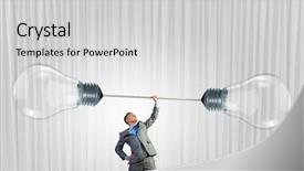  Presentation with light bulbs - PPT theme with confident businessman lifting above head barbell with light bulbs background and a light gray colored foreground