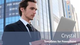  Presentation with tall building - Presentation theme enhanced with confident-businessman-near-a-business background and a ocean colored foreground