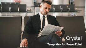 Presentation with terminal - Presentation theme featuring confident businessman reading newspaper while sitting at the airport terminal lobby background and a dark gray colored foreground
