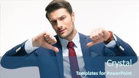  Presentation with confident - Colorful slide set enhanced with confident businessman showing thumbs down sign isolated on a white background looking at camera backdrop and a ocean colored foreground