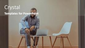  Presentation with confident - PPT theme with confident-businessman-sitting-and-using background and a gray colored foreground