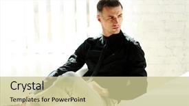  Presentation with office chair - Amazing PPT theme having confident businessman sitting at the office chair and looking away at office backdrop and a soft green colored foreground