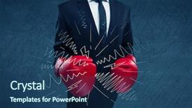  Presentation with strength - PPT theme having confident businessman standing in red boxing gloves on his hand in front of blue wall background with drawn strength lines illustration concept background and a ocean colored foreground