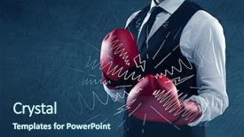  Presentation with strength - PPT theme consisting of confident businessman standing in red boxing gloves on his hand in front of blue wall background with drawn strength lines illustration concept background and a ocean colored foreground