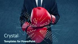  Presentation with strength - Beautiful theme featuring confident businessman standing in red boxing gloves on his hand in front of blue wall background with drawn strength lines illustration concept backdrop and a ocean colored foreground