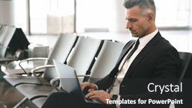  Presentation with lobby - Amazing presentation design having confident businessman using laptop computer while sitting at the airport lobby backdrop and a dark gray colored foreground