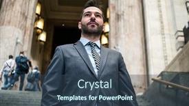  Presentation with train - PPT theme having confident-businessman-walking-downstairs background and a ocean colored foreground