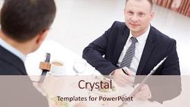  Presentation with discussion - Slide set featuring confident businessman with clipboard looking at camera during paper discussion at business lunch background and a lemonade colored foreground