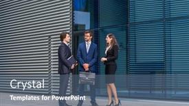  Presentation with financial market - Colorful presentation theme enhanced with confident businesspersons talking in front of modern office building businessmen and businesswoman have business conversation banking and financial market concept backdrop and a ocean colored foreground