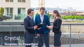  Presentation with financial market - Beautiful presentation theme featuring confident-businesspersons-talking-in-front backdrop and a ocean colored foreground