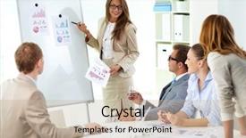  Presentation with marketing - PPT theme consisting of confident businesswoman commenting marketing results background and a mint green colored foreground