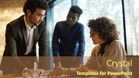  Presentation with data meeting - Presentation design consisting of confident-businesswoman-explaining-financial-data background and a tawny brown colored foreground