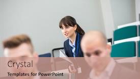  Presentation with lecture hall - Presentation theme having confident businesswoman holding book while standing in lecture hall background and a coral colored foreground